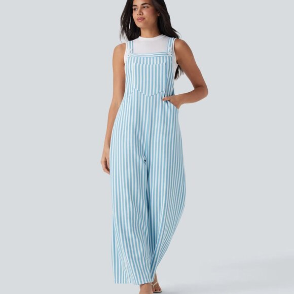 HALARA Pockets Stripe Waffle Overalls in Sky Stripe Blue L - Picture 1 of 4